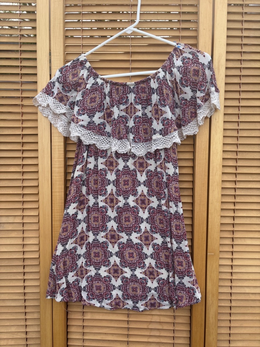 Rue21 Off-Shoulder Midi Dress in Purple and Cream Medallion Print